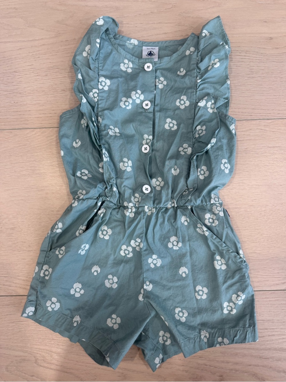 Petit Bateau Sage Green Floral Button Romper | 3Y